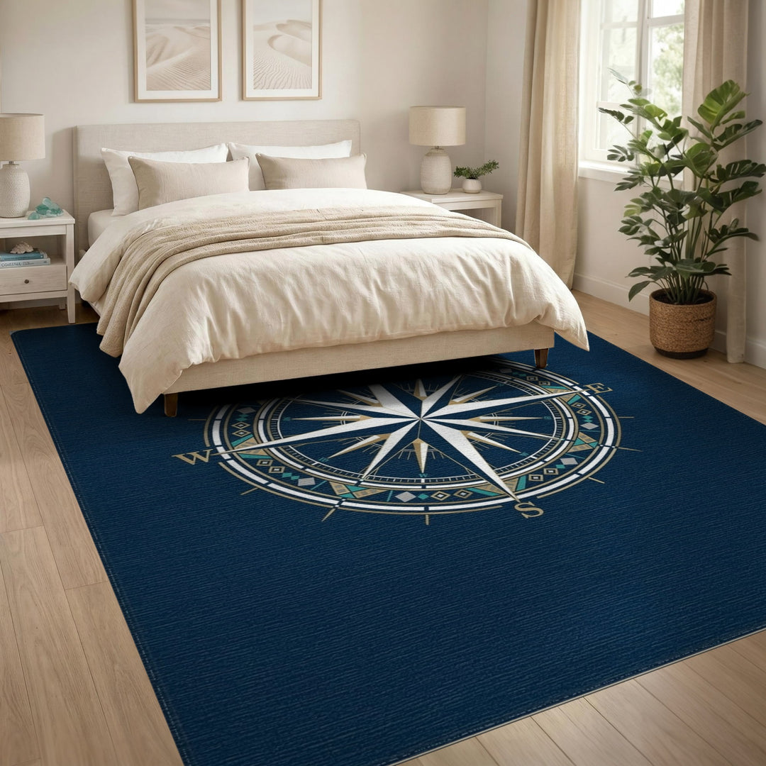 Blue and Teal Navy Compass Rose Area Rug