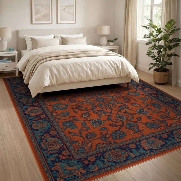 Orange Teal Persian Floral Area Rug