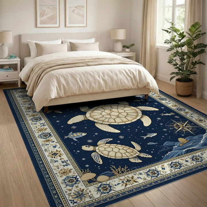 Coastal Sea Turtle Navy Area Rug