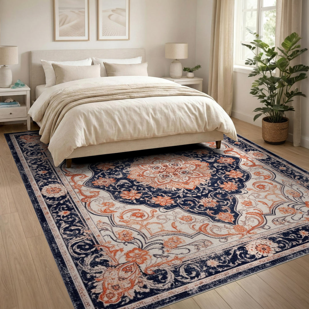 Navy Blue Coral Persian Medallion Area Rug