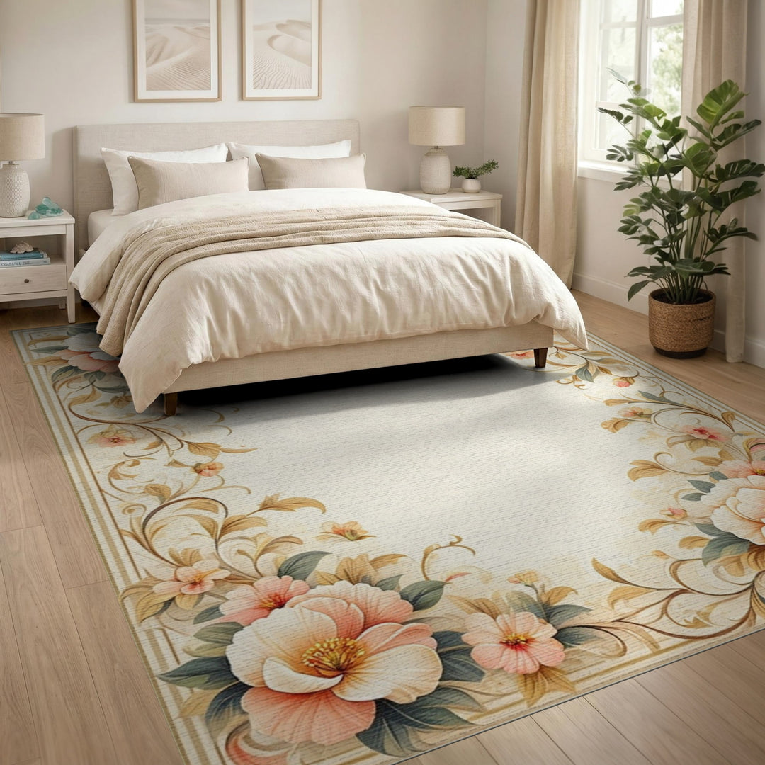Pink Peony Floral Vintage Area Rug