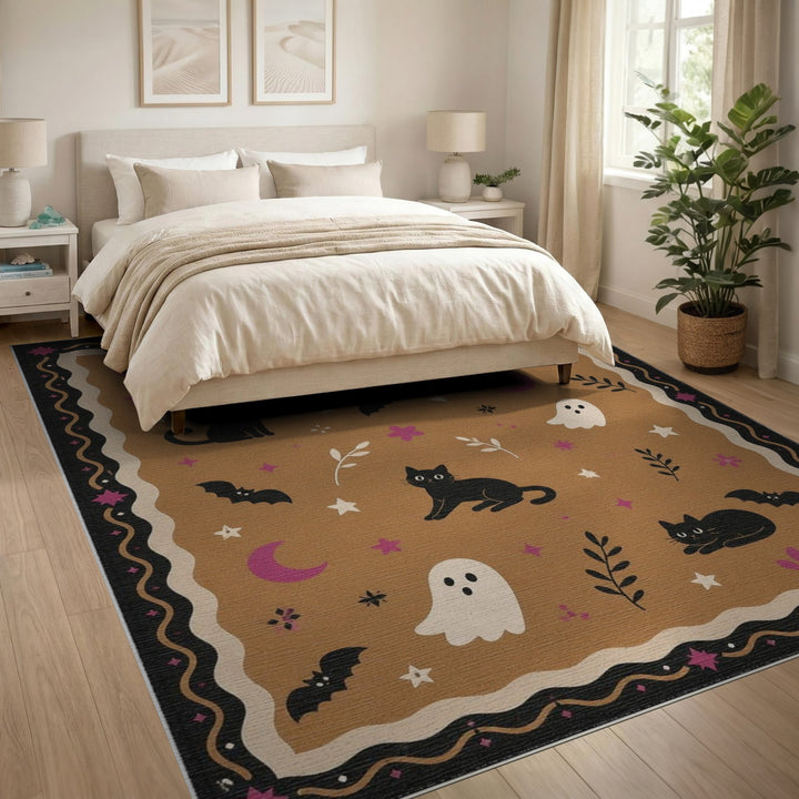 Brown Halloween Black Cats Ghosts Washable Area Rug