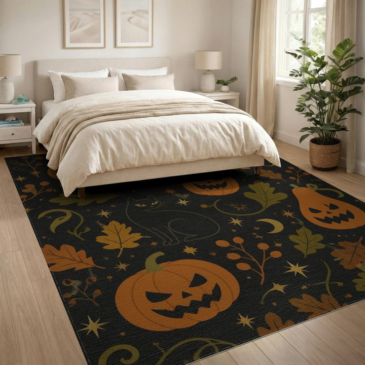 Halloween Pumpkin Cat Washable Area Rug