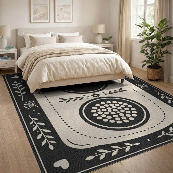 Black White Geometric Floral Area Rug