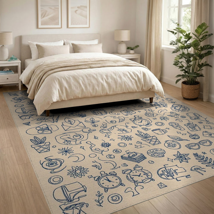 Blue Sketch Doodle Area Rug