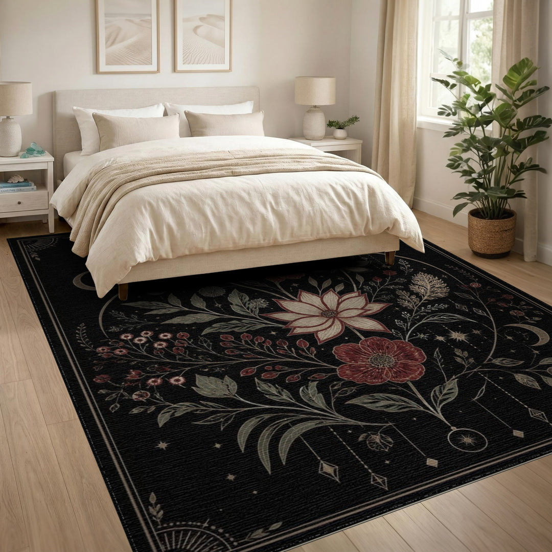 Celestial Floral Black Area Rug