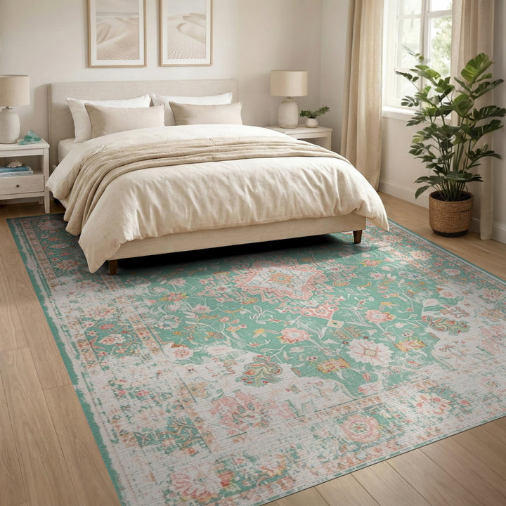 Distressed Vintage Blue Teal Distressed Vintage Floral Area Rug