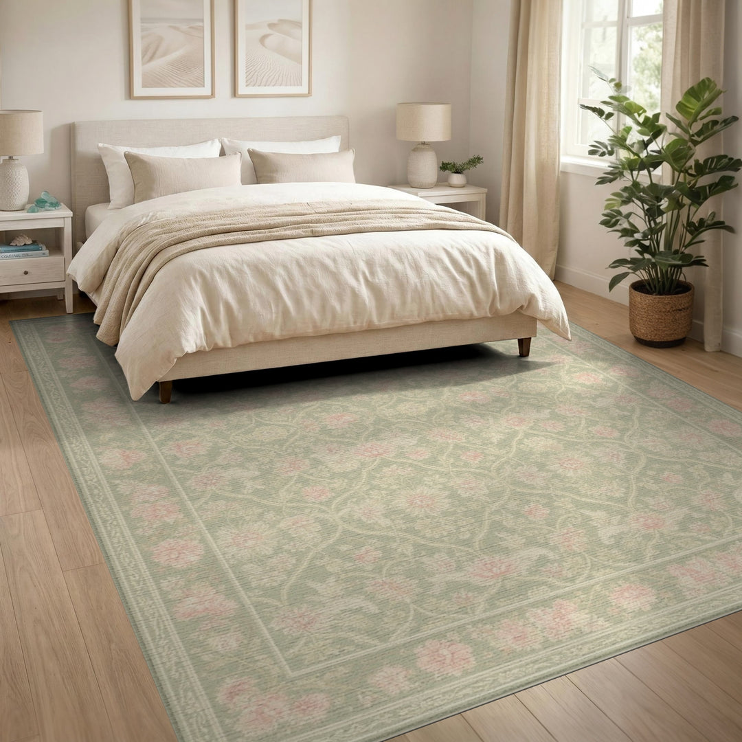 Green Sage Green Pink Floral Vintage Area Rug