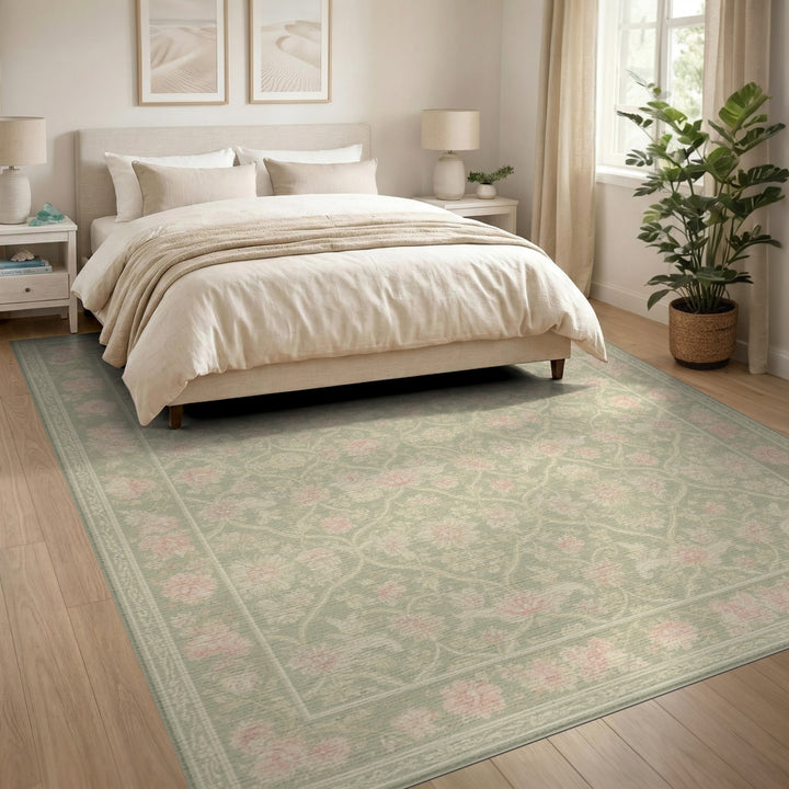 Green Sage Green Pink Floral Vintage Area Rug