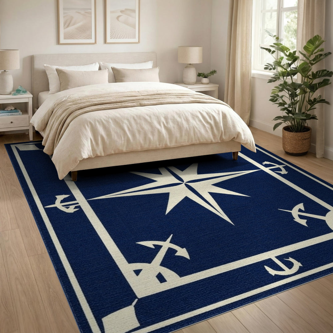 Navy Blue Nautical Compass Anchor Area Rug