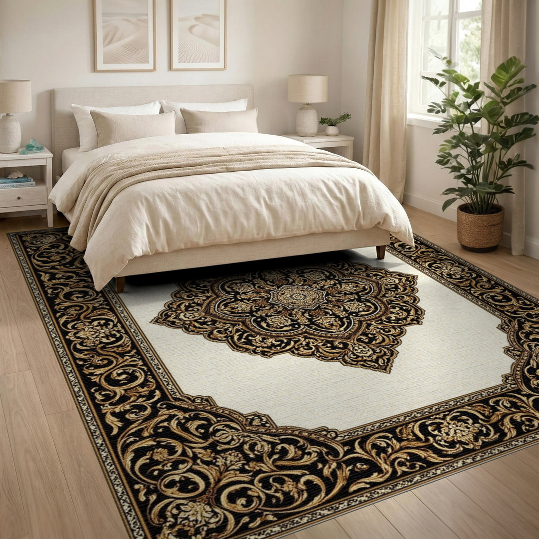 Luxury Black Gold Persian Medallion Area Rug