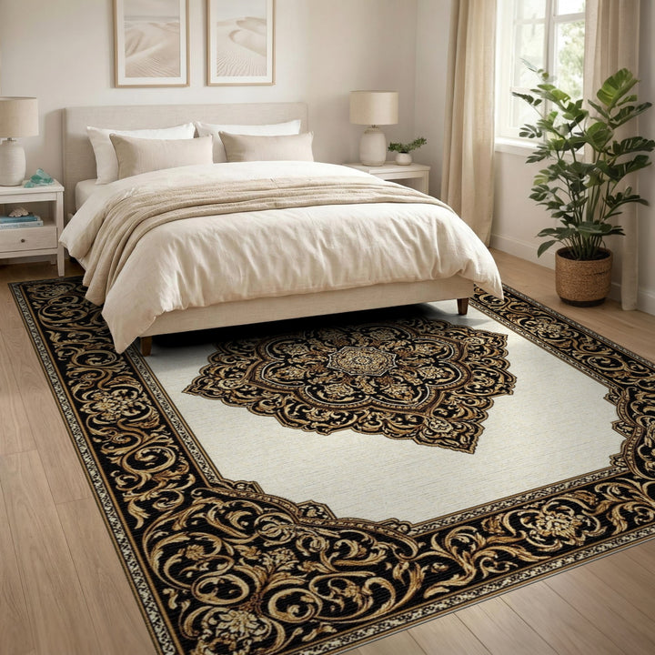 Luxury Black Gold Persian Medallion Area Rug