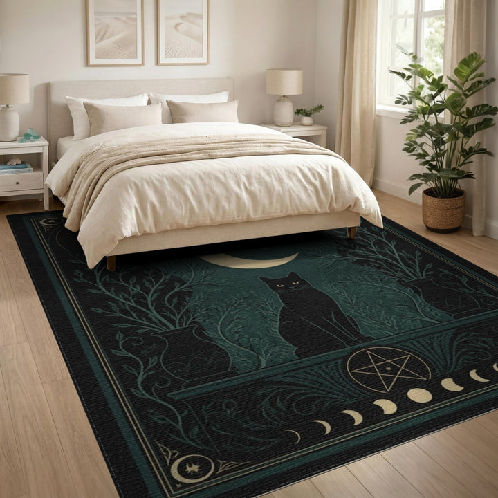 Mystic Black Cat Crescent Moon Area Rug
