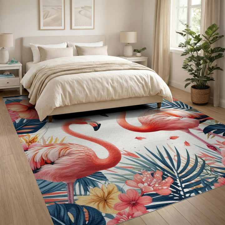 Multi-color and Patterns Pink Flamingo Hibiscus Washable Area Rug