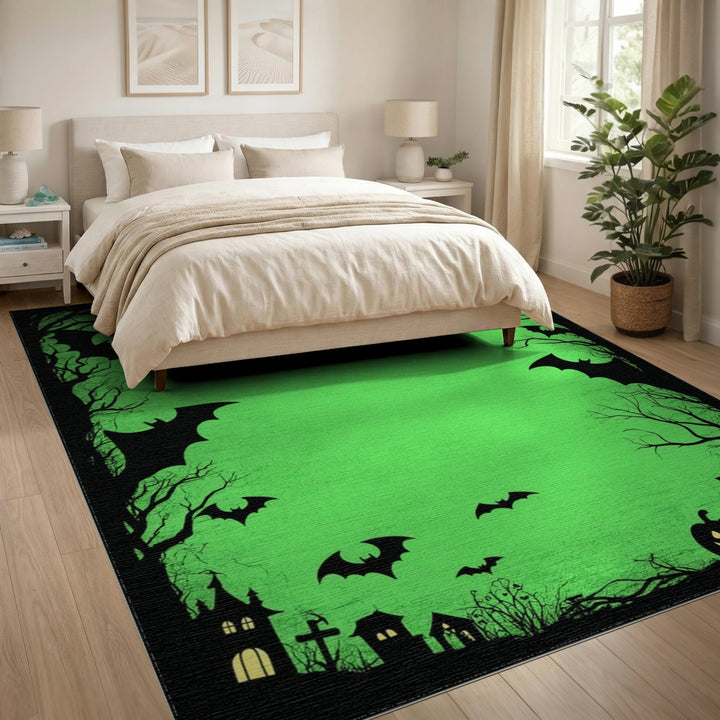 Green Halloween Bats and Pumpkins Area Rug