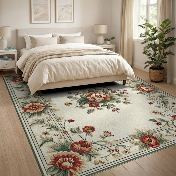 Vintage Floral Beige Area Rug with Red Peonies