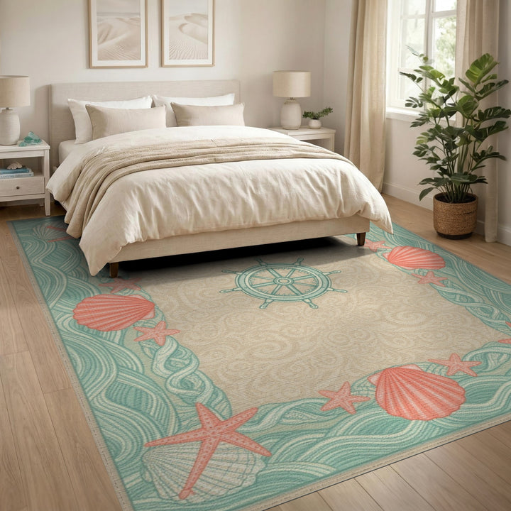 Teal Coastal Seashell and Starfish Area Rug