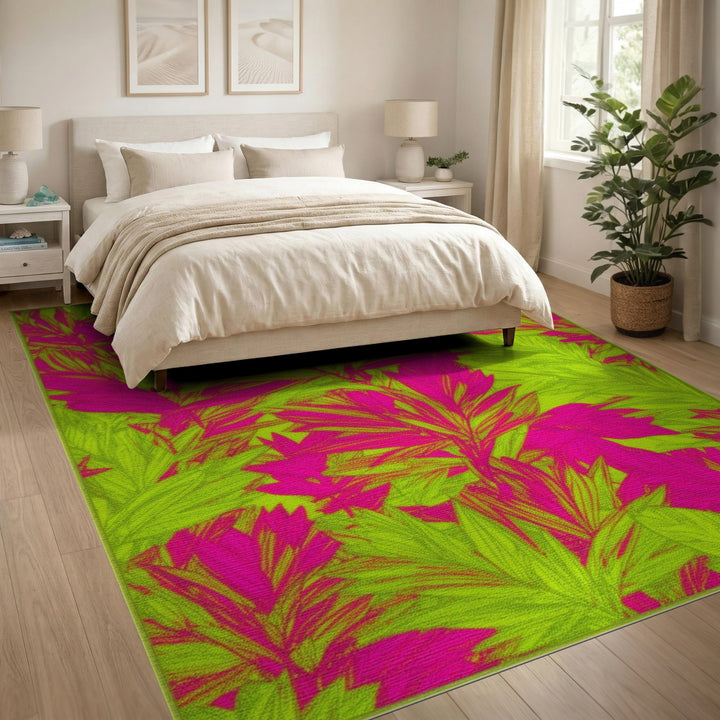 Bold Pink and Lime Leaf Area Rug