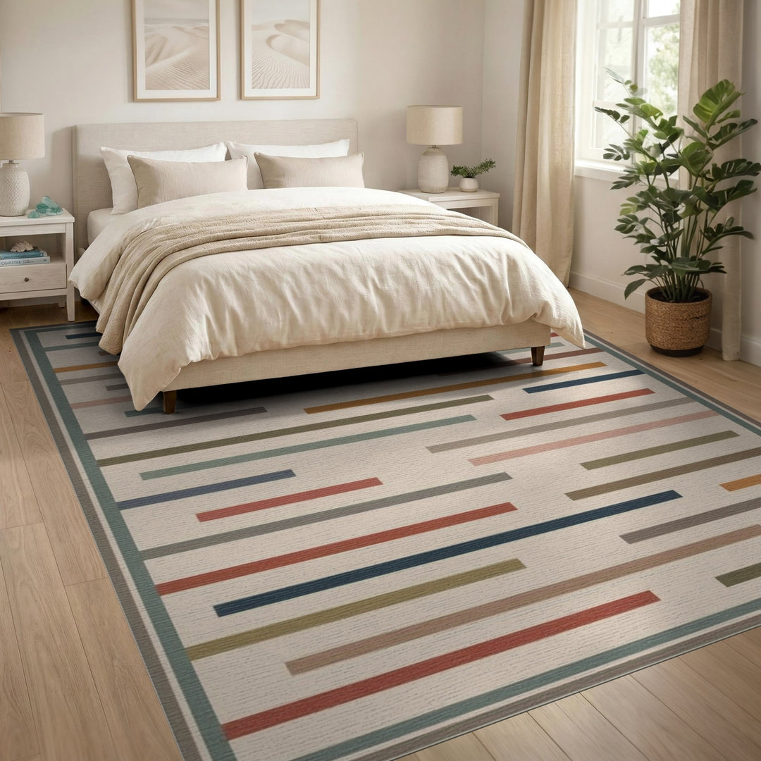 Beige Geometric Striped Geometric Modern Area Rug