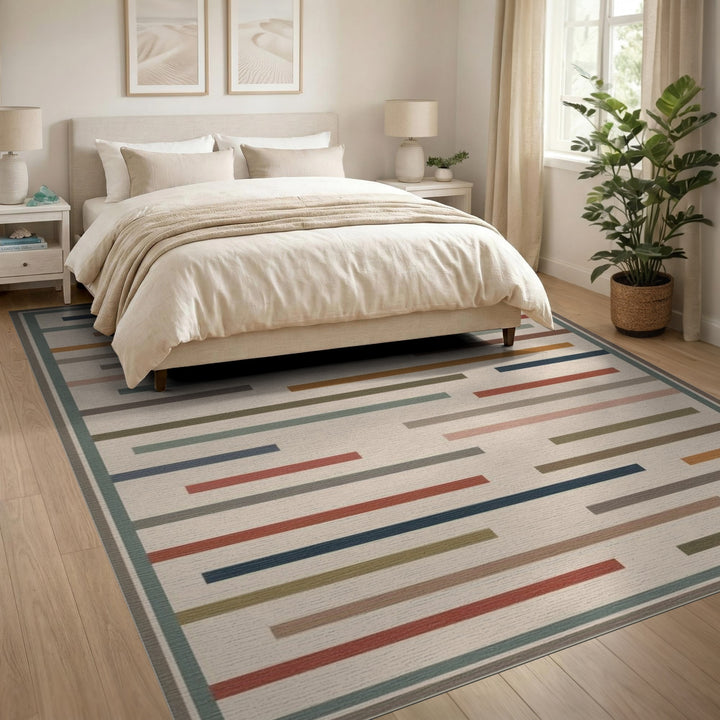 Beige Geometric Striped Geometric Modern Area Rug