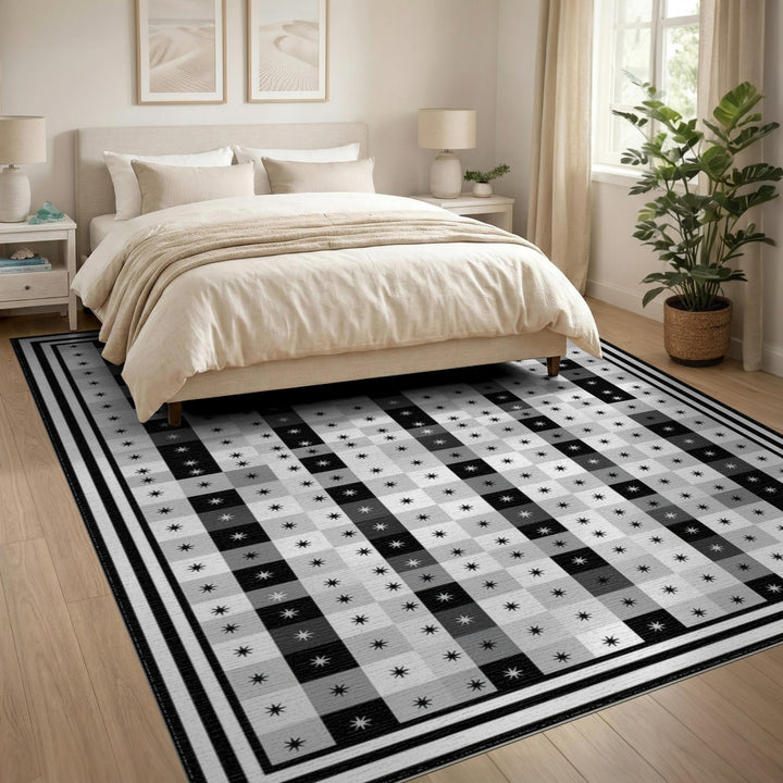 Black White Star Checkered Area Rug