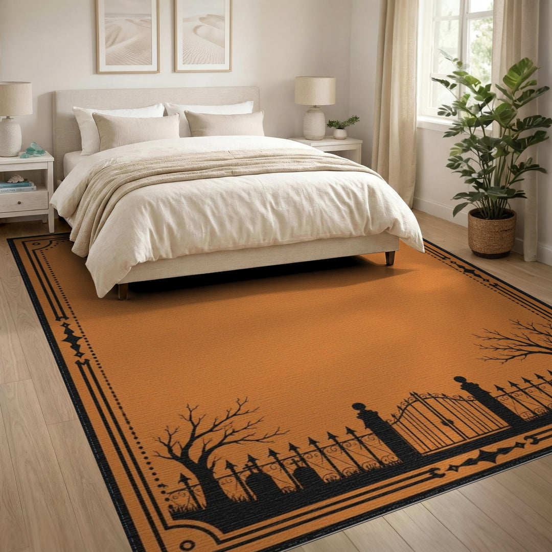 Orange Graveyard Gate Silhouette Area Rug