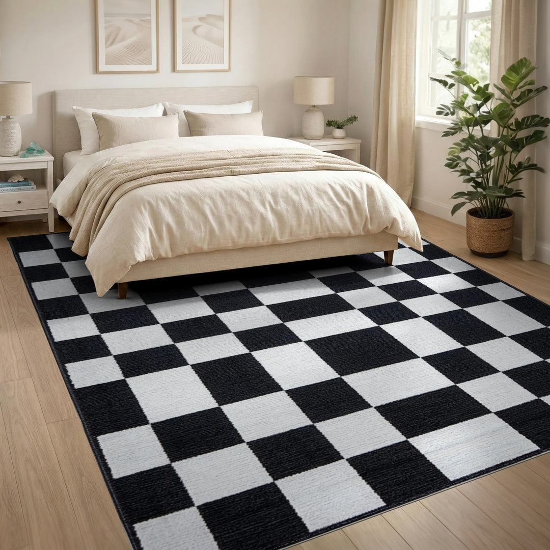 Black and White Black White Checkered Washable Area Rug