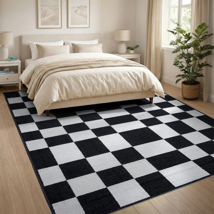 Black and White Black White Checkered Washable Area Rug
