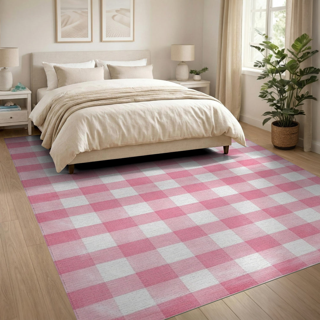 Geometric Modern Pink Gingham Checkered Washable Area Rug