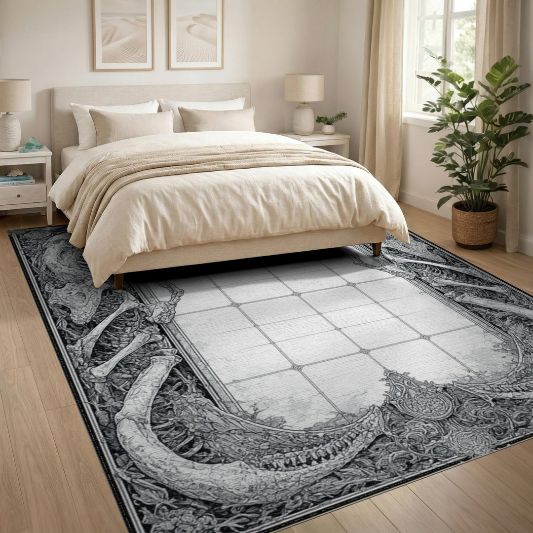 Dragon Skeleton Black White Area Rug
