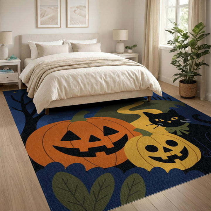 Halloween Black Cat and Pumpkins Area Rug