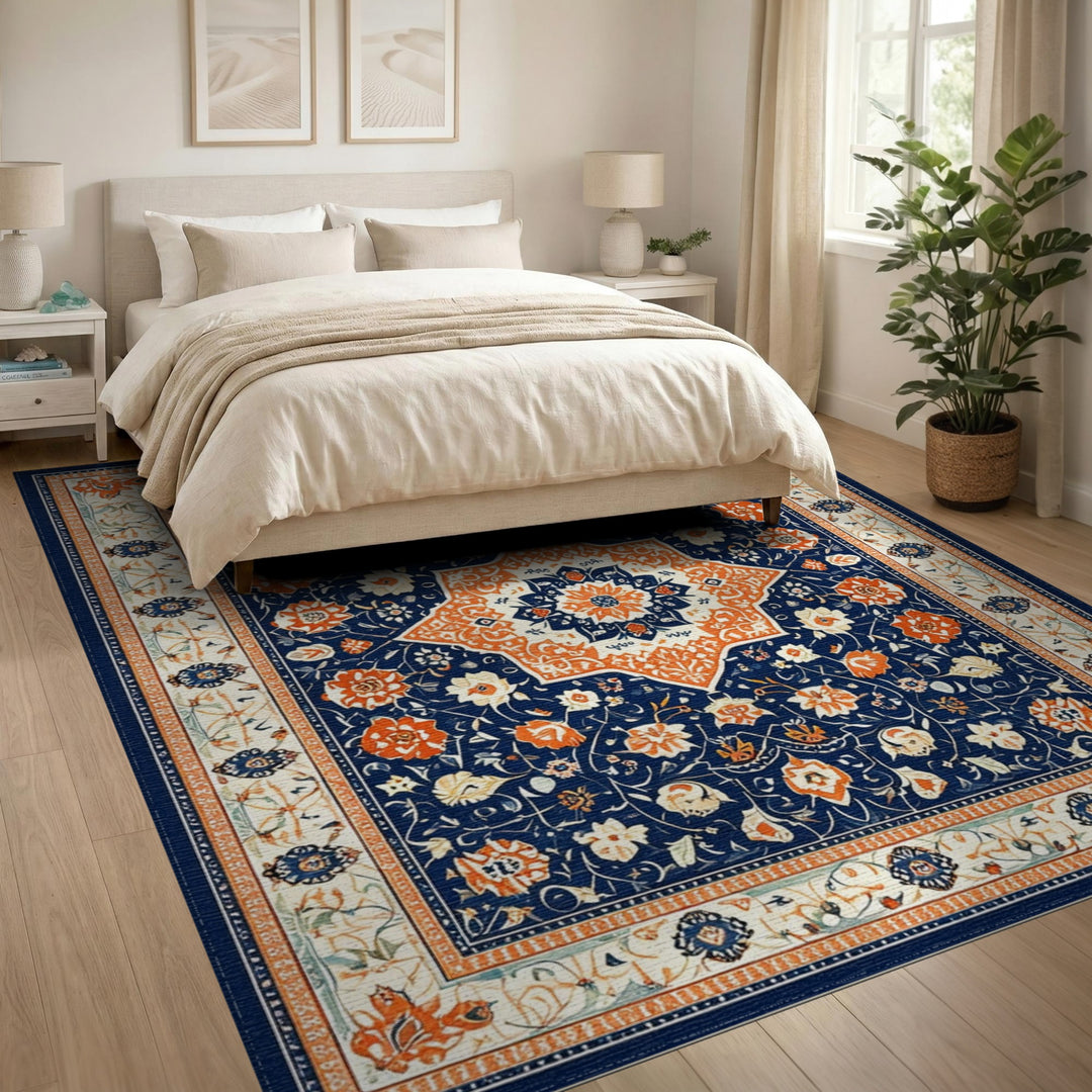 Navy Traditional Persian Navy Blue Persian Floral Area Rug