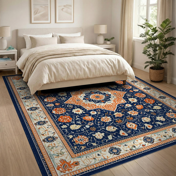 Navy Traditional Persian Navy Blue Persian Floral Area Rug