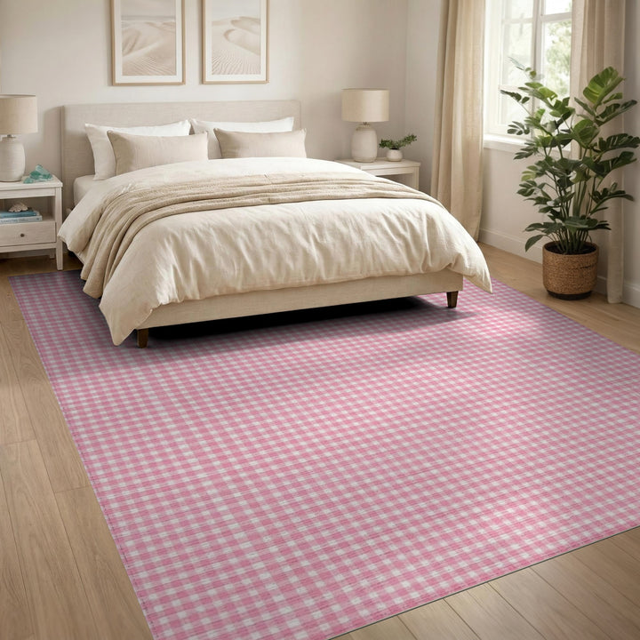 Pink Rustic Farmhouse Pink Gingham Check Area Rug
