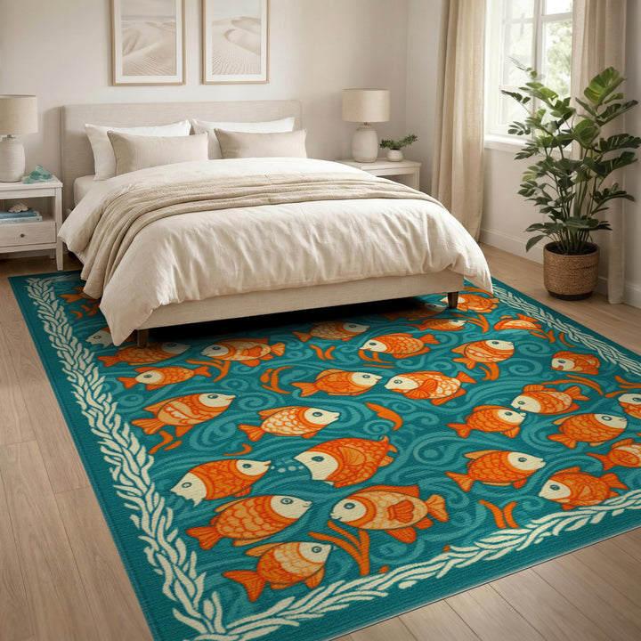 Orange Fish School Teal Coastal Area Rug