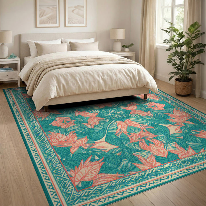 Teal Coral Leaf Botanical Area Rug