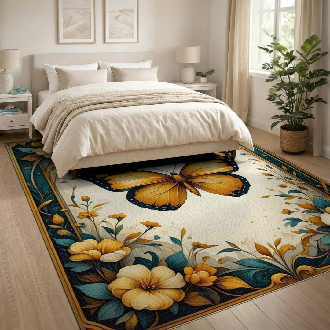 Yellow Butterfly Floral Vintage Area Rug