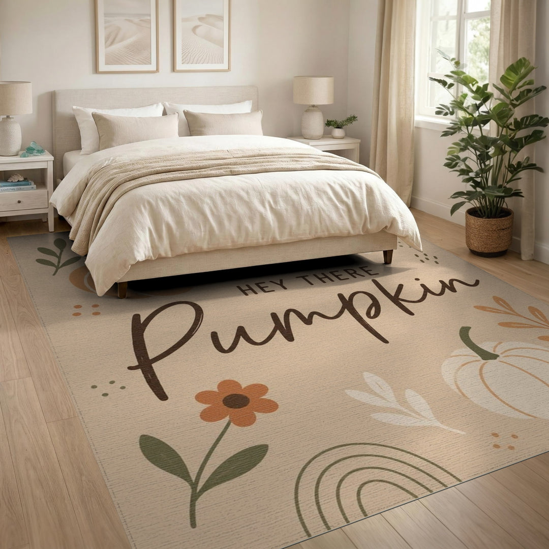 Rustic Farmhouse Hey There Pumpkin Beige Area Rug
