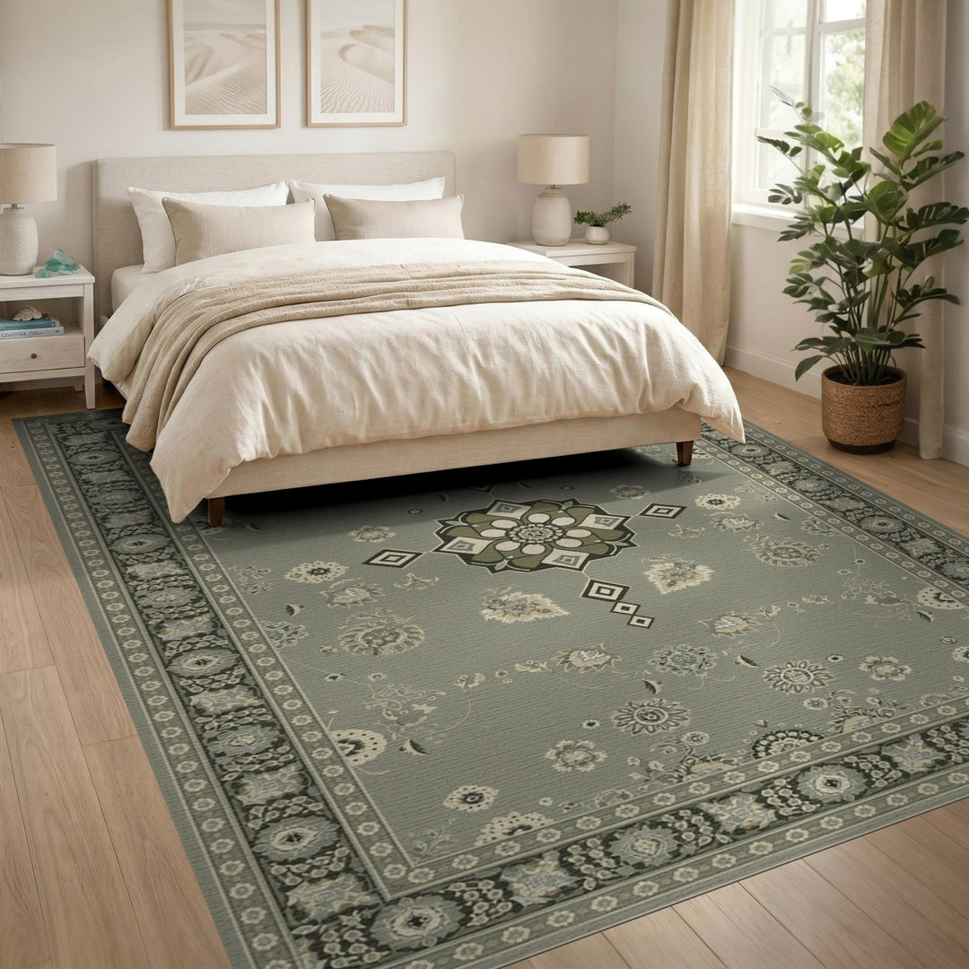Sage Green Floral Medallion Area Rug