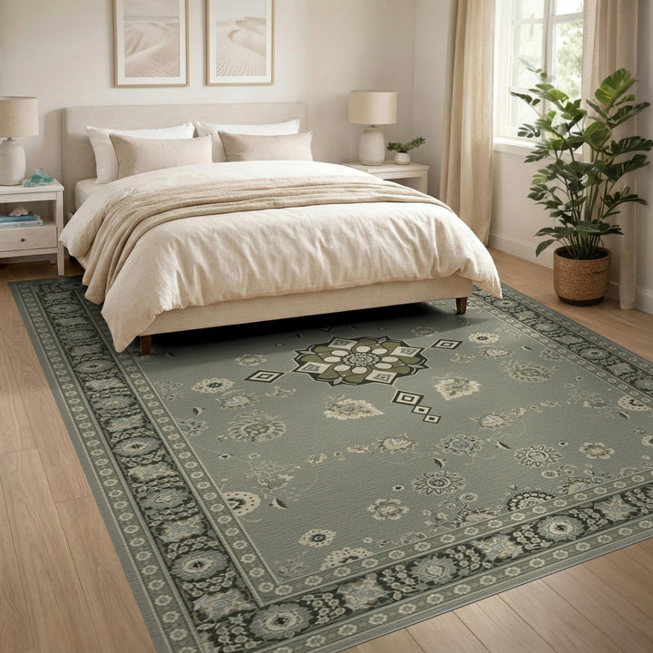 Sage Green Floral Medallion Area Rug