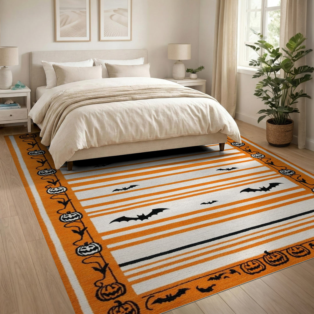 Orange Halloween Striped Area Rug with Bats and Pumpkins