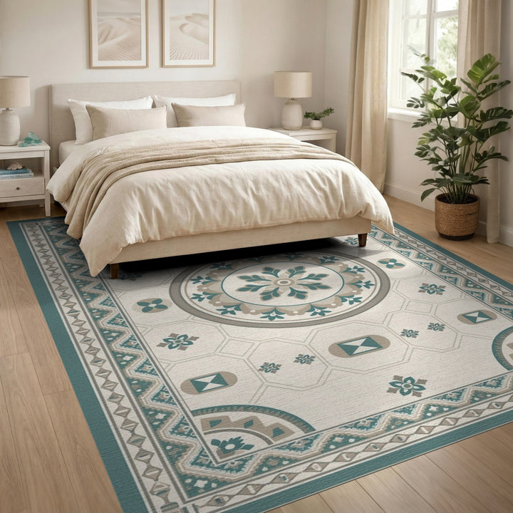 Teal Geometric Medallion Washable Area Rug