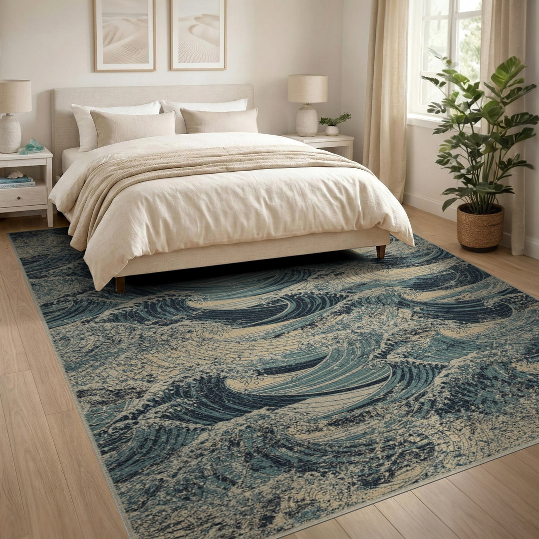 Blue Teal Wave Distressed Vintage Area Rug