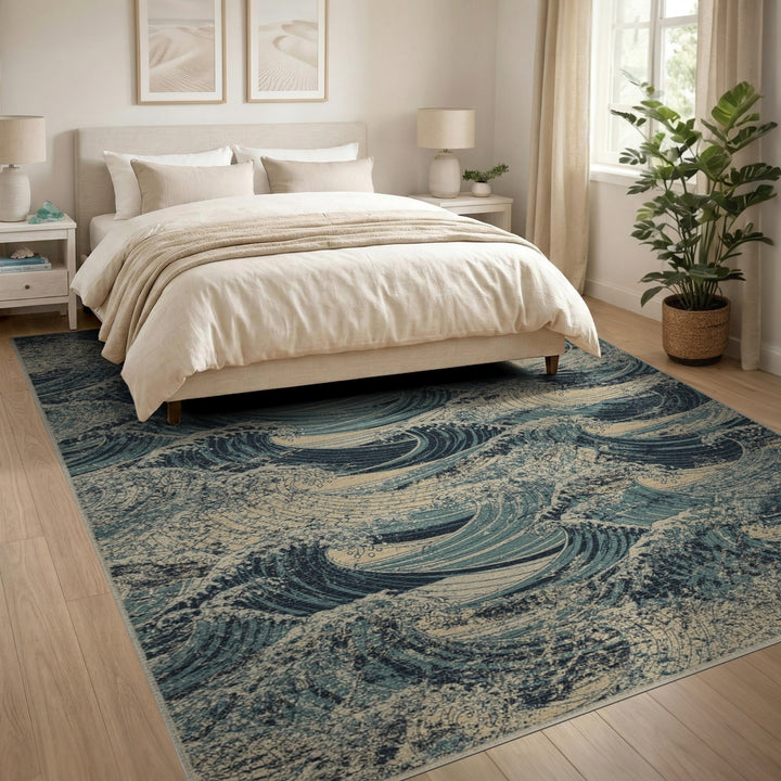 Blue Teal Wave Distressed Vintage Area Rug