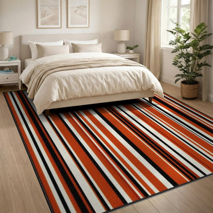 Bold Orange Black Striped Washable Area Rug