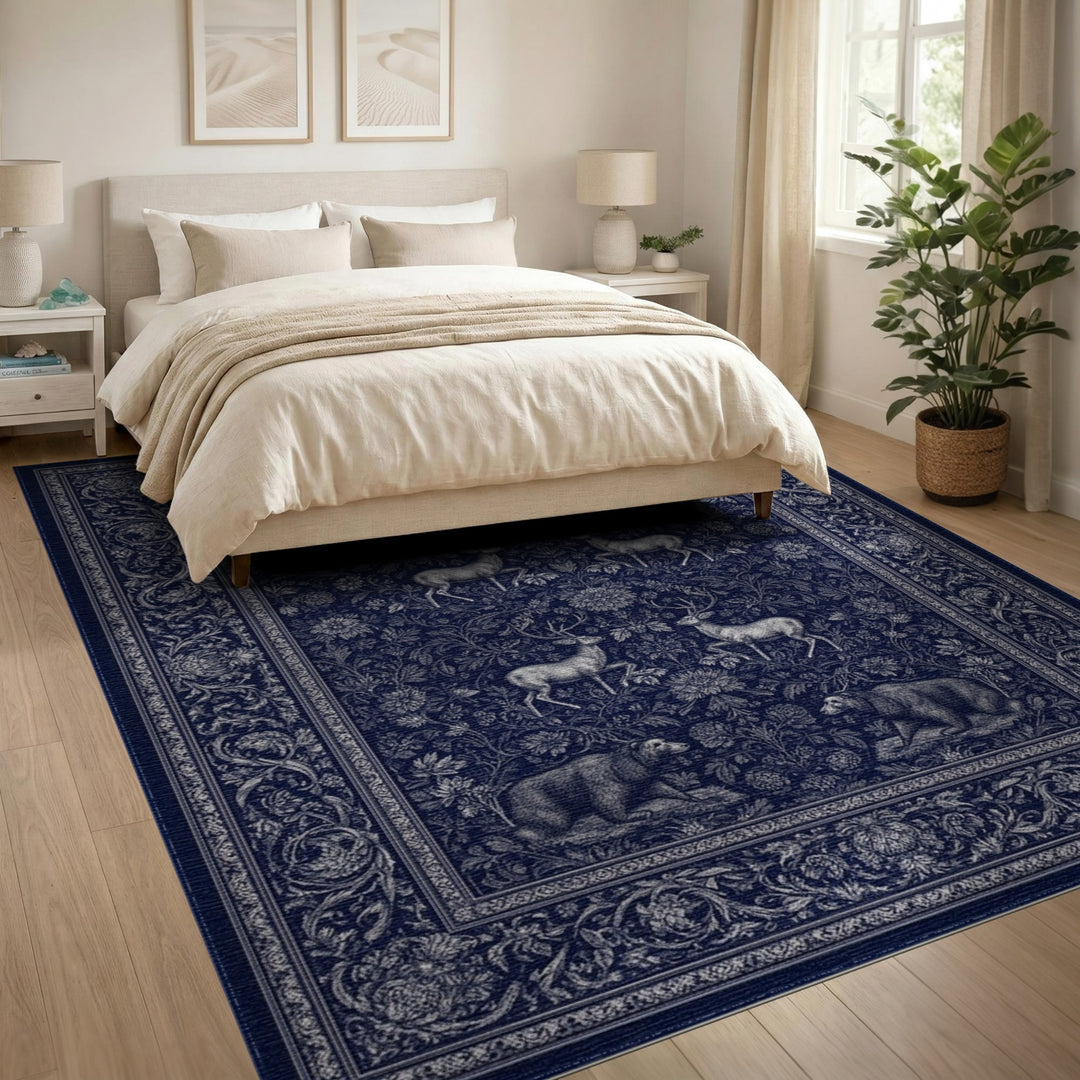 Navy Blue Bear and Deer Area Rug