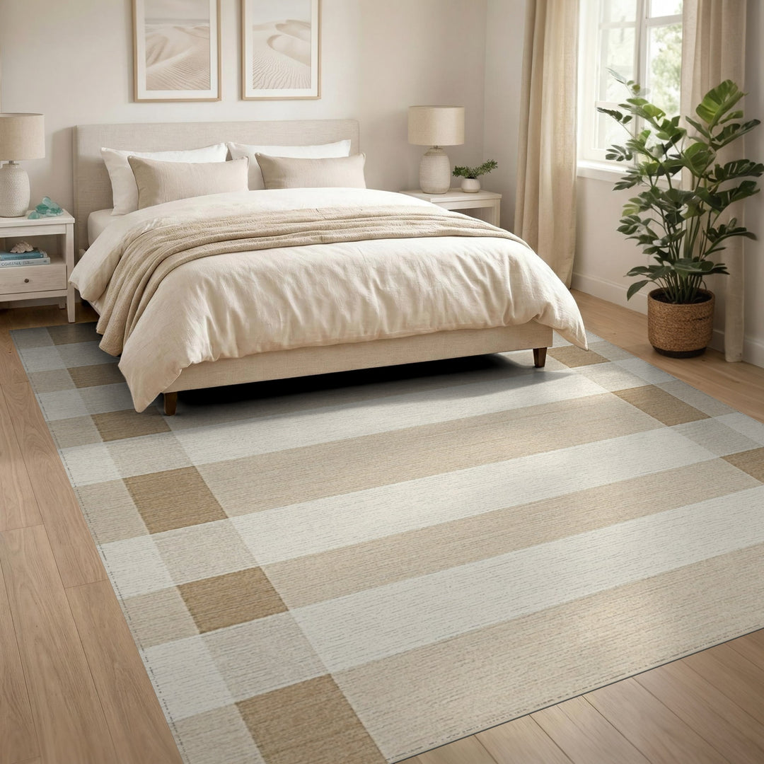 Beige and Neutral Beige Checkered Washable Area Rug