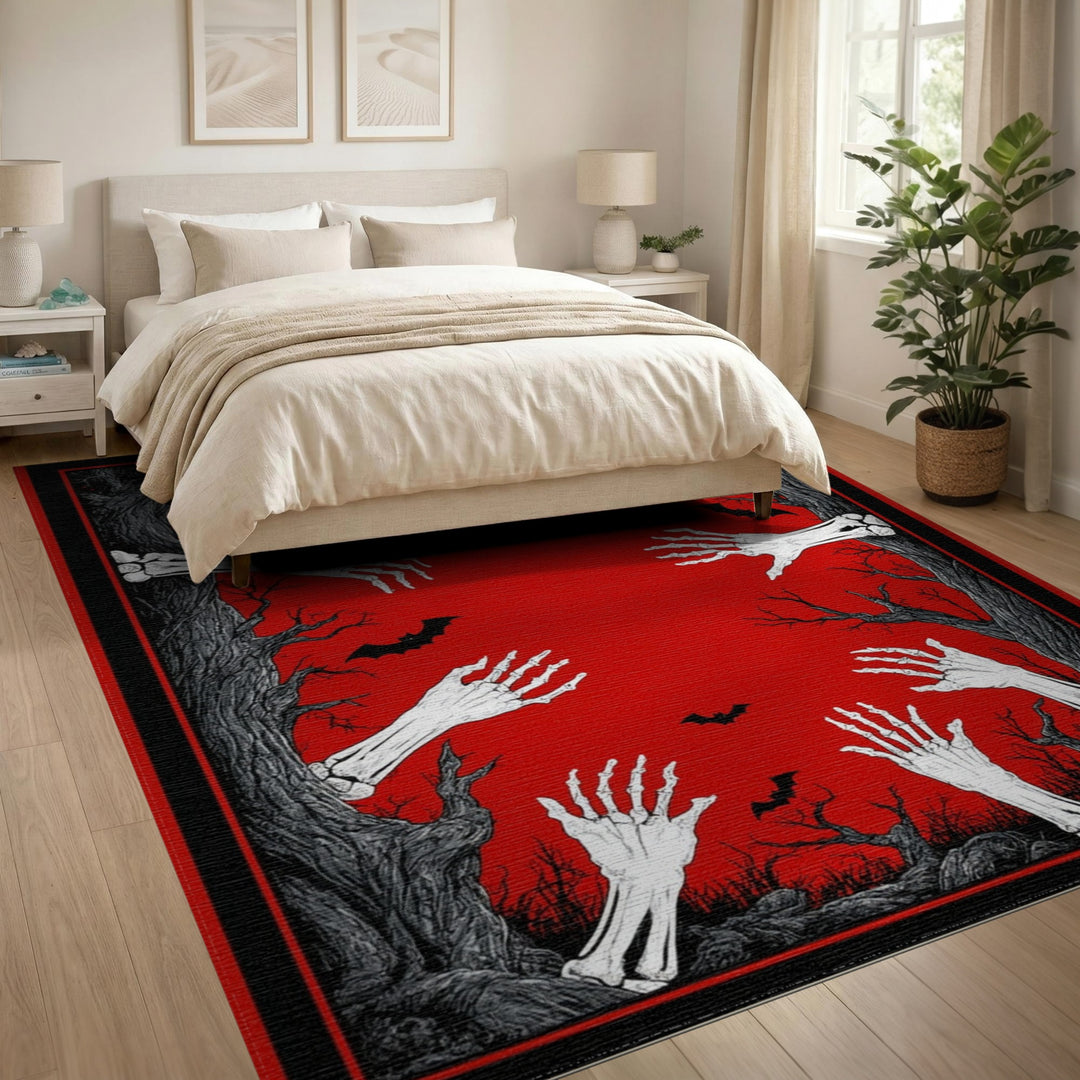 Spooky Skeleton Hands Red Area Rug