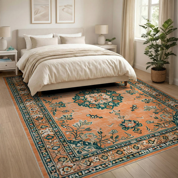 Orange Floral Vintage Medallion Area Rug