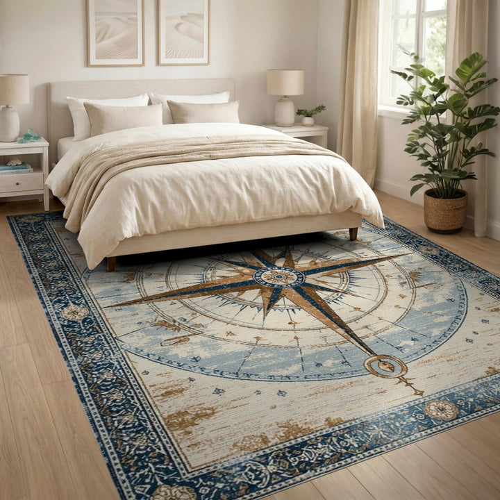 Distressed Vintage Compass Blue Area Rug